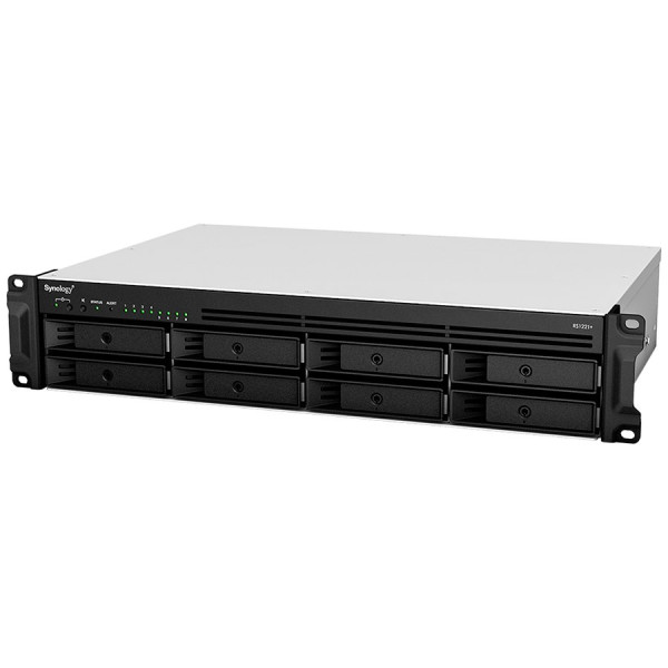 Synology RackStation RS1221+; Rack 2U, 8-bay 3.52.5'' SATA HDDSSD, 	AMD Ryzen V1500B 4-core 2.2GHz; 4GB DDR4 ECC SODDIM,2x Memory slots; 4x 