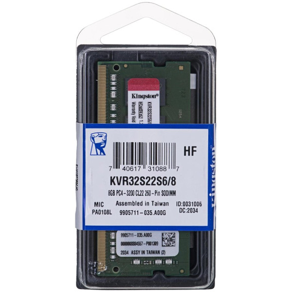 Kingston 8GB 3200MTs DDR4 Non-ECC CL22 SODIMM 1Rx16, EAN: 740617310887 ( KVR32S22S68 ) 